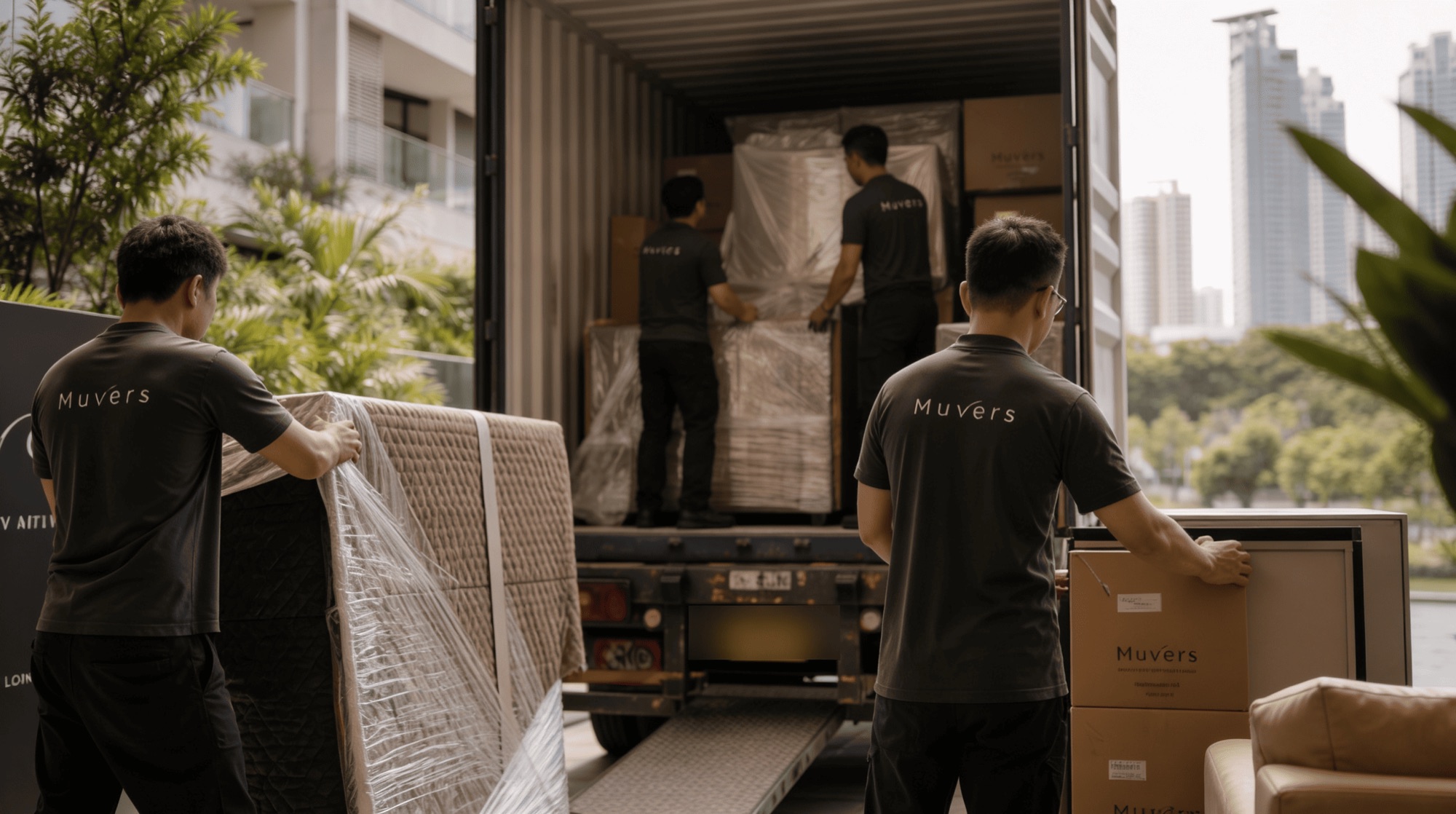 A Muvers crew loading wrapped furniture and cartons into a shipping container