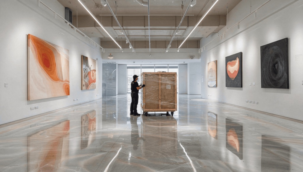 A crated artwork moved through a gallery on a dolly